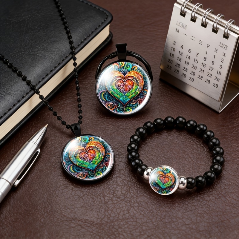 Men's Black Accessory Set: Necklace, Bracelet, Keychain